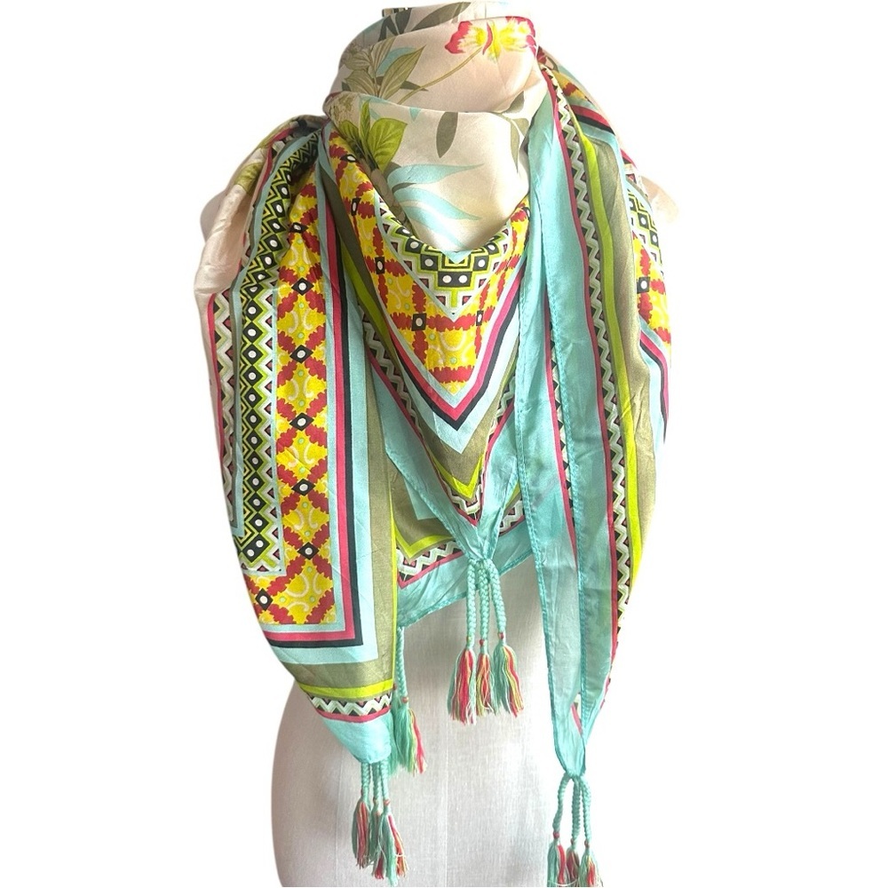 Johnny Was Aqua Multicolor Patterned Silk Scarf with Tassels - Picture 2 of 11